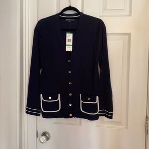 Navy and white sweater with gold buttons
